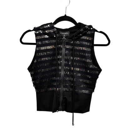 NWT Chanel Black Sequin Embellished Sleeveless Hooded Zip Up Vest Womens 6