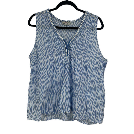 Vineyard Vines Blue White Chevron Geo Print Pintucked Sleeveless Top Womens XL