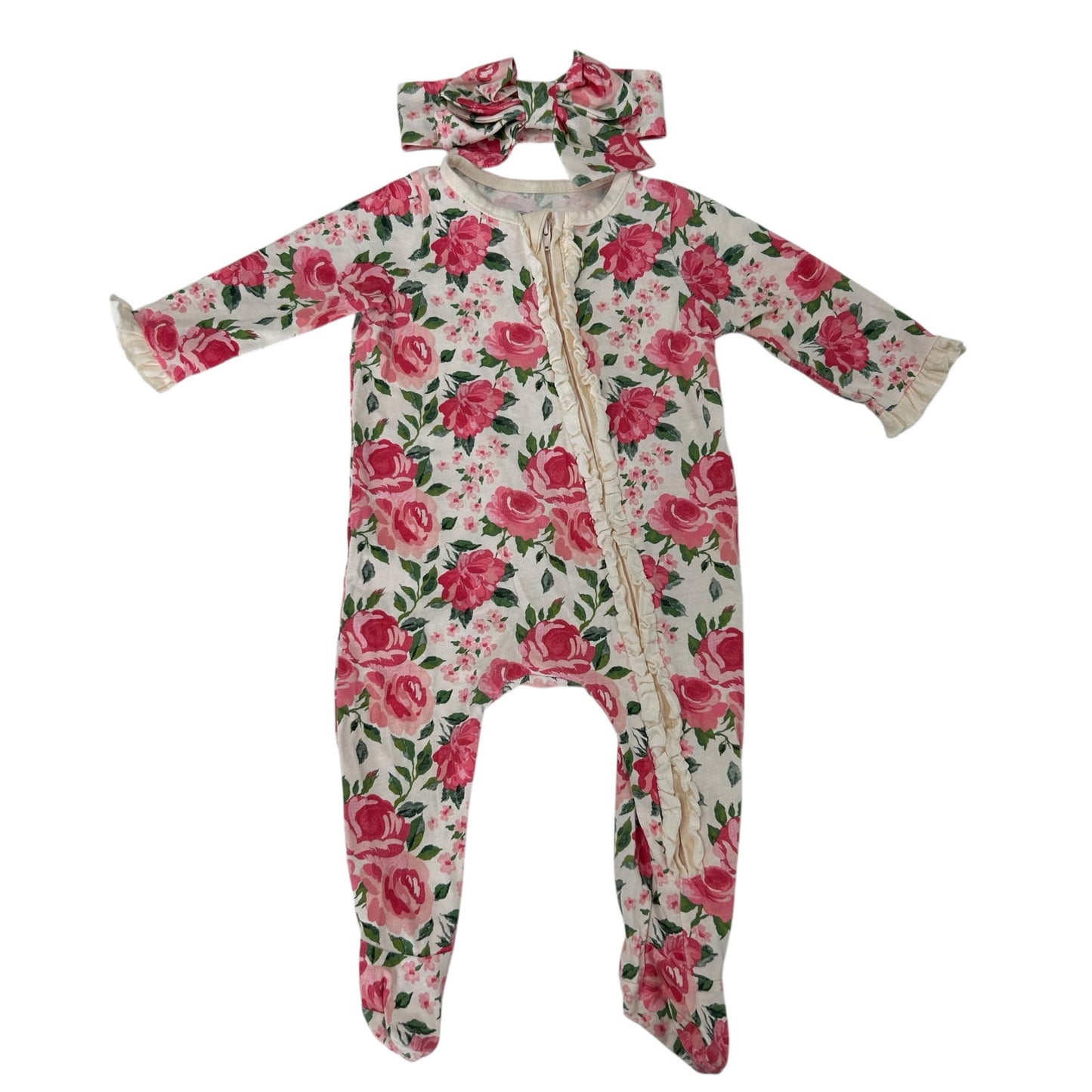 Mud Pie Rose Print Baby Cotton Sleeper Set with Headband Girls 3-6 Months
