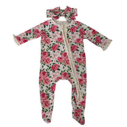 Mud Pie Rose Print Baby Cotton Sleeper Set with Headband Girls 3-6 Months