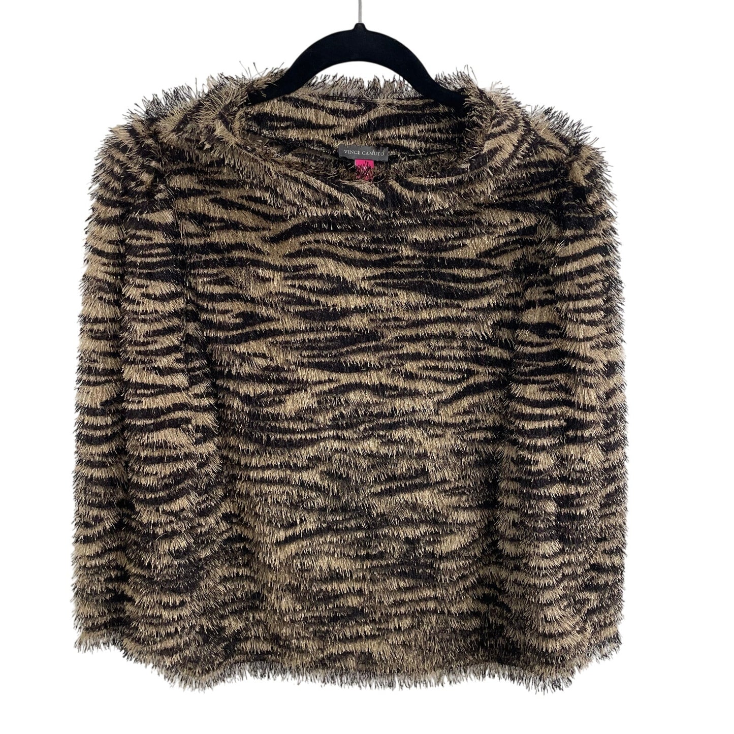 Vince Camuto Eyelash Knit Zebra Print Mock Neck Sweater Tan Brown Womens Medium