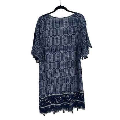 LulaSoul Navy White Printed Short Sleeve Tassel Knee Length Dress Womens Large