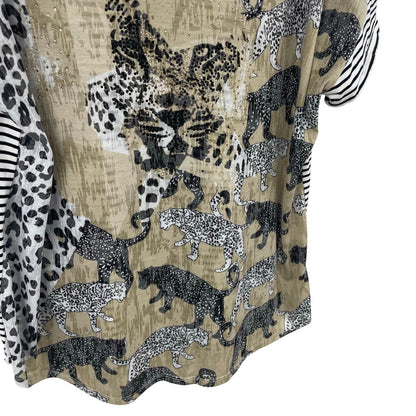 Onque Casual Short Sleeve Striped Cheetah Cat Print Top Womens Plus Size 1X