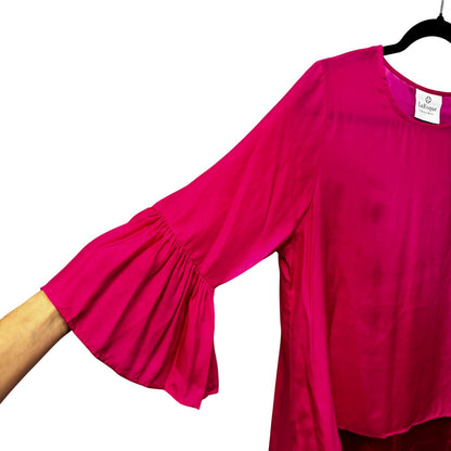 La Roque Pink 3/4 Ruffle Sleeve Round Neck Hi Low Silk Blouse Top Womens Large