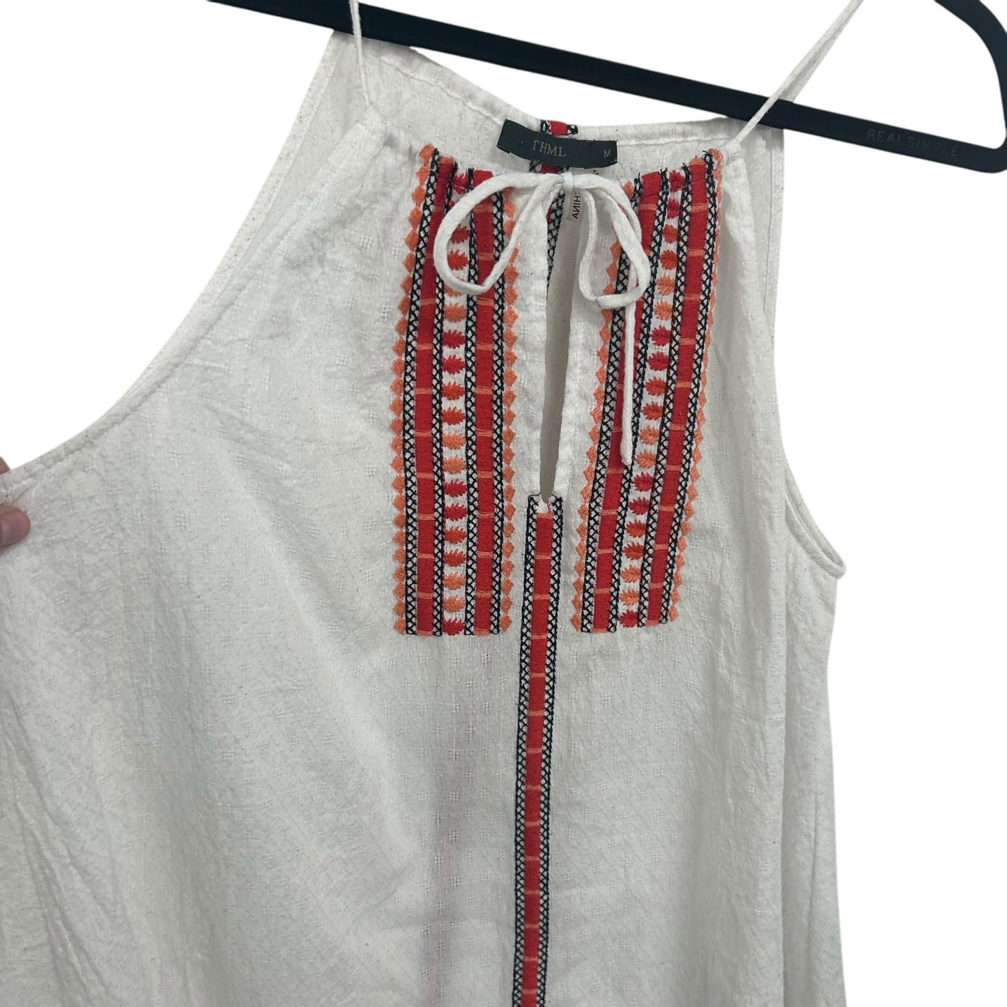 THML White Red Boho Embroidered Sleeveless Front Tie Mini Dress Womens Medium