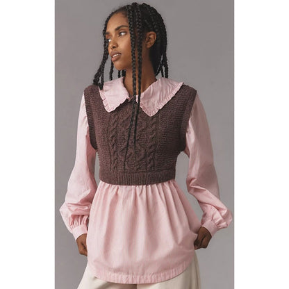Anthropologie Maeve Collared Twofer Layered Sweater Vest Pink Purple Size XXS