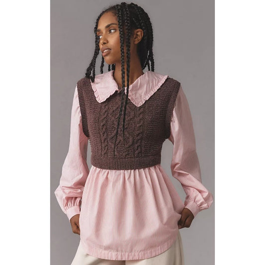 Anthropologie Maeve Collared Twofer Layered Sweater Vest Pink Purple Size XXS