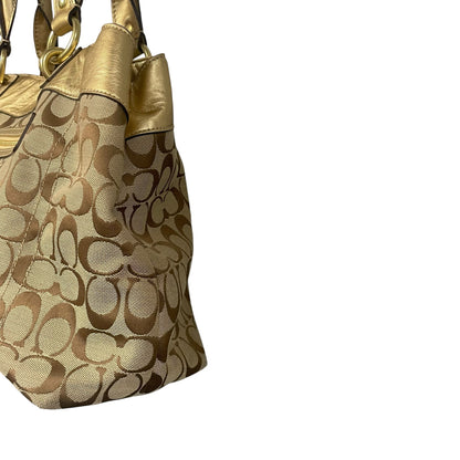 Coach Signature Logo Print Beige Brown Penelope Satchel with Gold Leather Trim