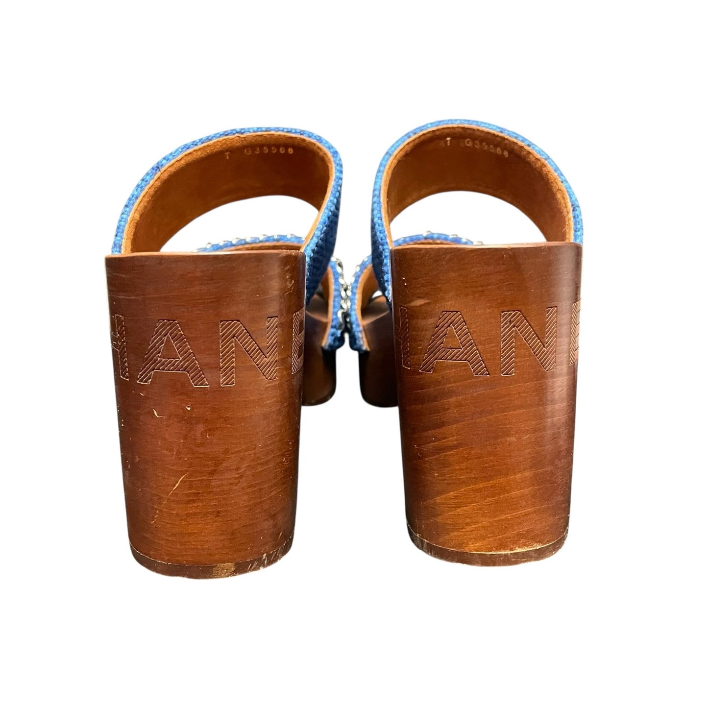 Chanel Chain Platform Slide Sandals Tweed Wood Heel Blue Brown Womens 40 / US 9