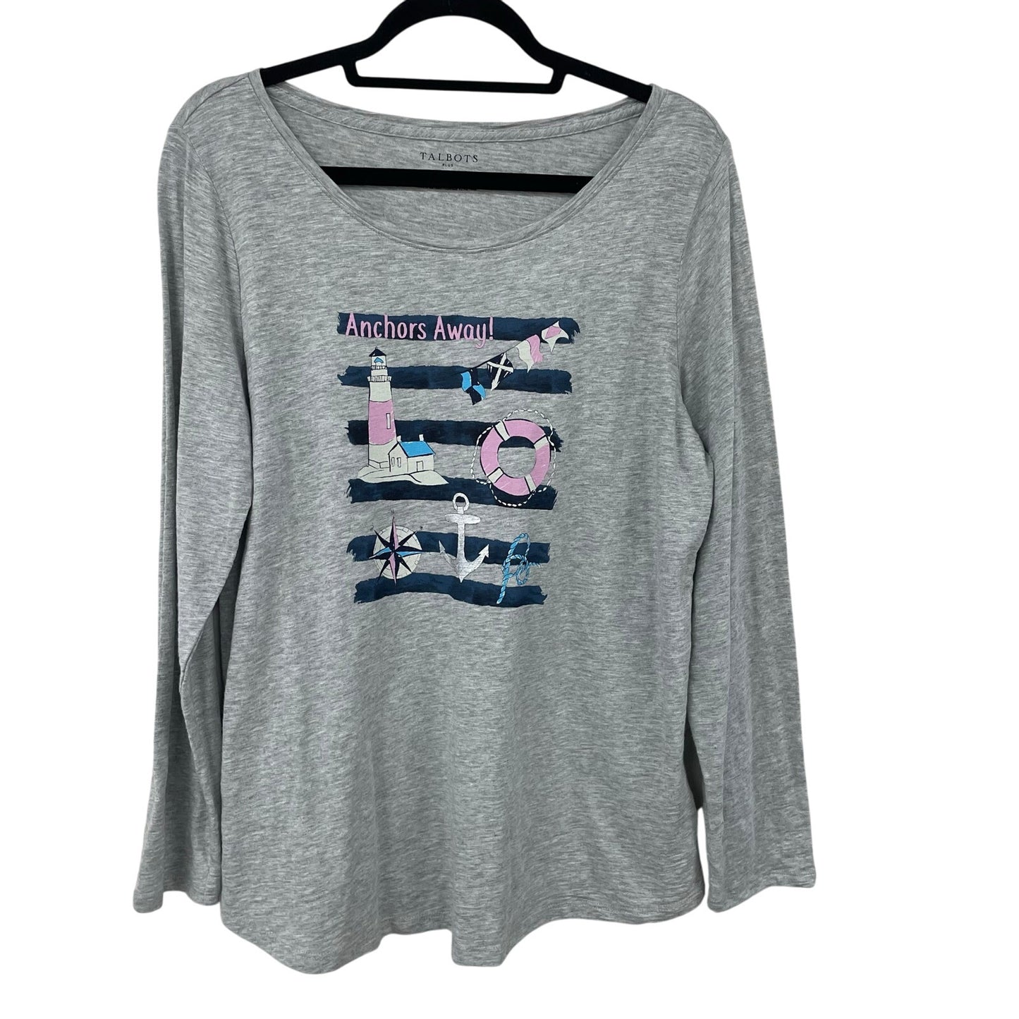 Talbots Anchors Away Graphic Print Nautical Tee Light Gray Womens Plus Size X