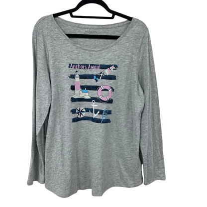 Talbots Anchors Away Graphic Print Nautical Tee Light Gray Womens Plus Size X