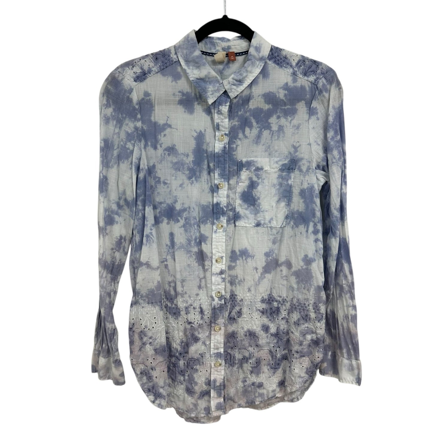 Pilcro Blue White Tie Dye Embroidered Cate Classic Button Down Top Womens XS