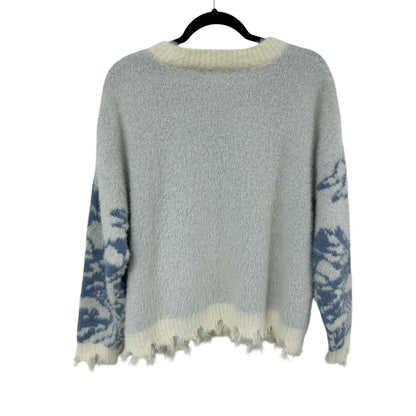 Altar’d State Cream Blue Sun Mountain Scene Raw Hem Sweater Womens Medium