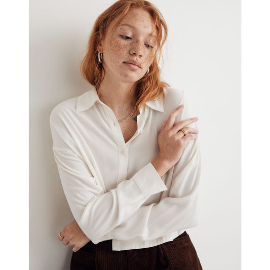 Madewell White Lusterweave Hartfield Button Up Collared Crop Shirt Womens Small