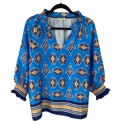 Jade Split Neck Navy Blue Yellow Geometric Print Top Womens Size Large