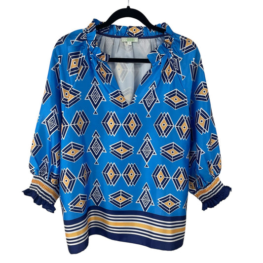 Jade Split Neck Navy Blue Yellow Geometric Print Top Womens Size Large