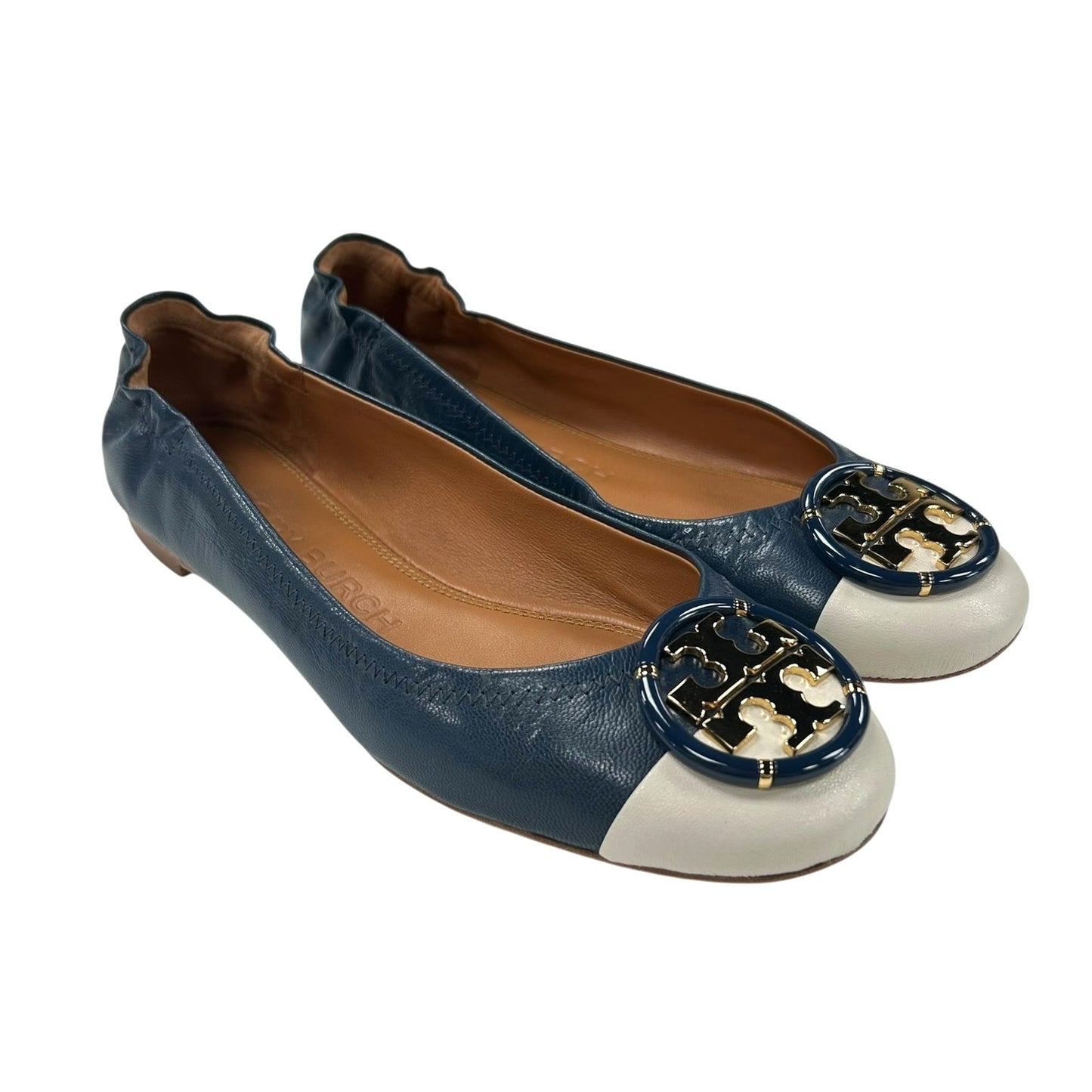 Tory Burch Multi Logo Cap Toe Leather Elastic Round Toe Ballet Flats Womens 7