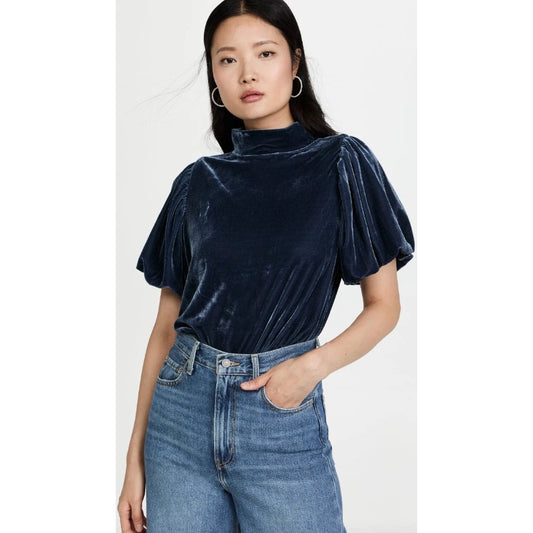 Free People Blue Claudia Velvet Mock Neck Puff Sleeve Top Womens Medium