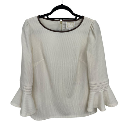 Sail to Sable Ivory Quilted Bell Sleeve Top Brown Faux Leather Trim Size Small