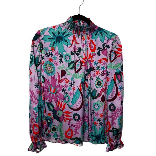 NWT Tucker Purple Multi Floral Long Sleeve Mock Neck Silk Blouse Womens Small