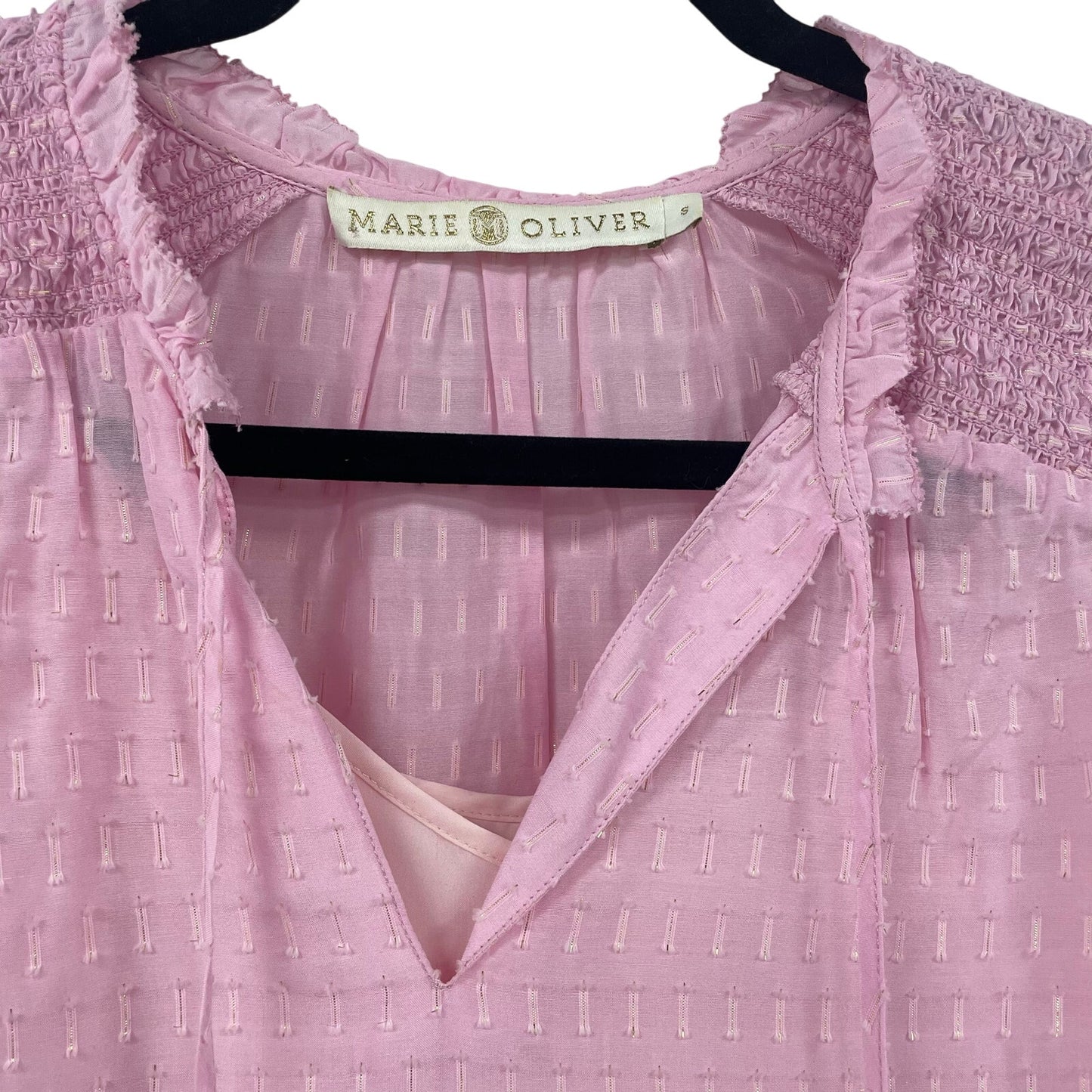 Marie Oliver Smocked Long Sleeve Tie Neck Layered Silk Blend Top Pink Size Small