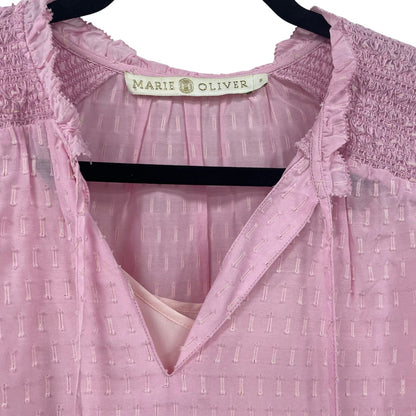 Marie Oliver Smocked Long Sleeve Tie Neck Layered Silk Blend Top Pink Size Small