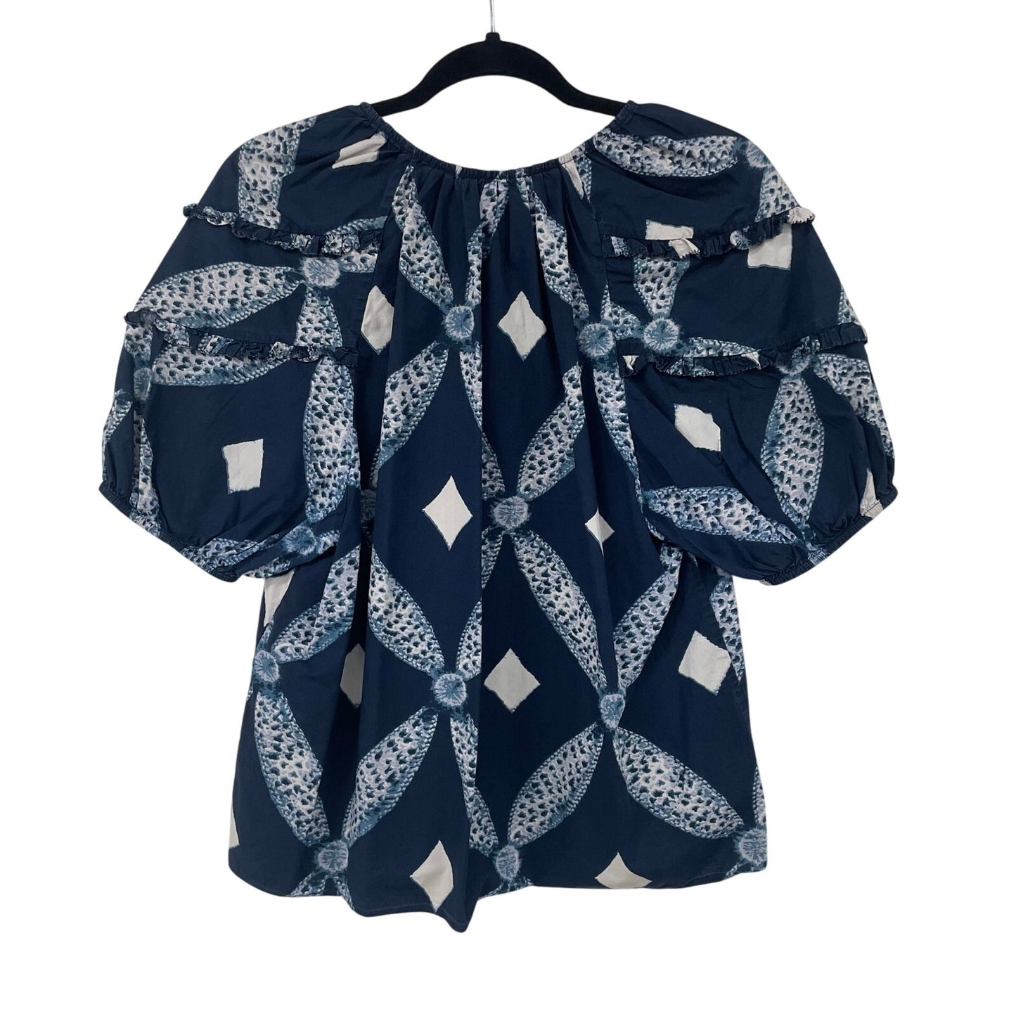 Ulla Johnson Arusi Blouse Indigo Blue Short Sleeve Tie Neck Womens 8
